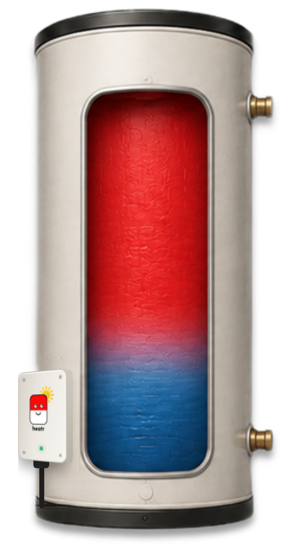 Hot-water cylinder cutaway: hot water in red at the top, cold water in blue at the bottom, with a Heatr controller mounted on the side.